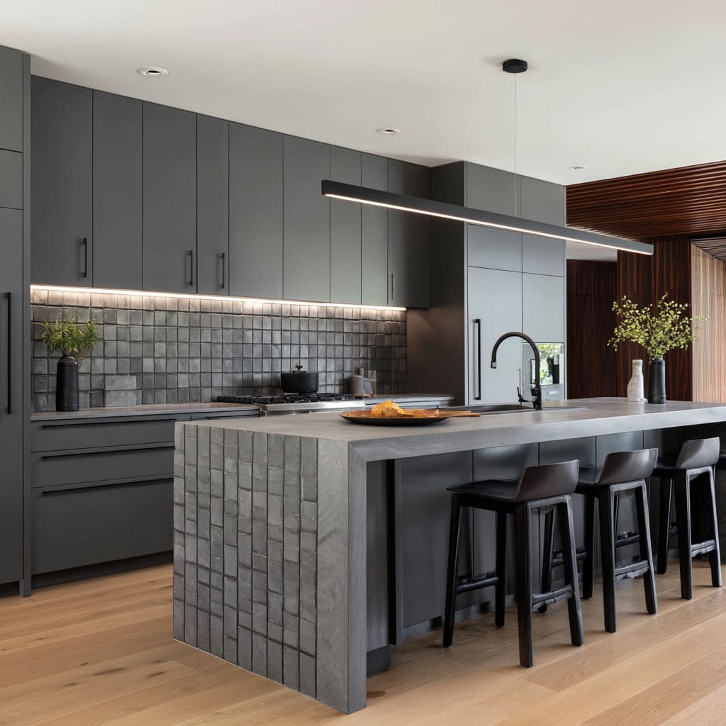 The main kitchen design character is the textural grid theme, used in two places that talk to each other The main kitchen design character is the textural grid theme, used in two places that talk to each other