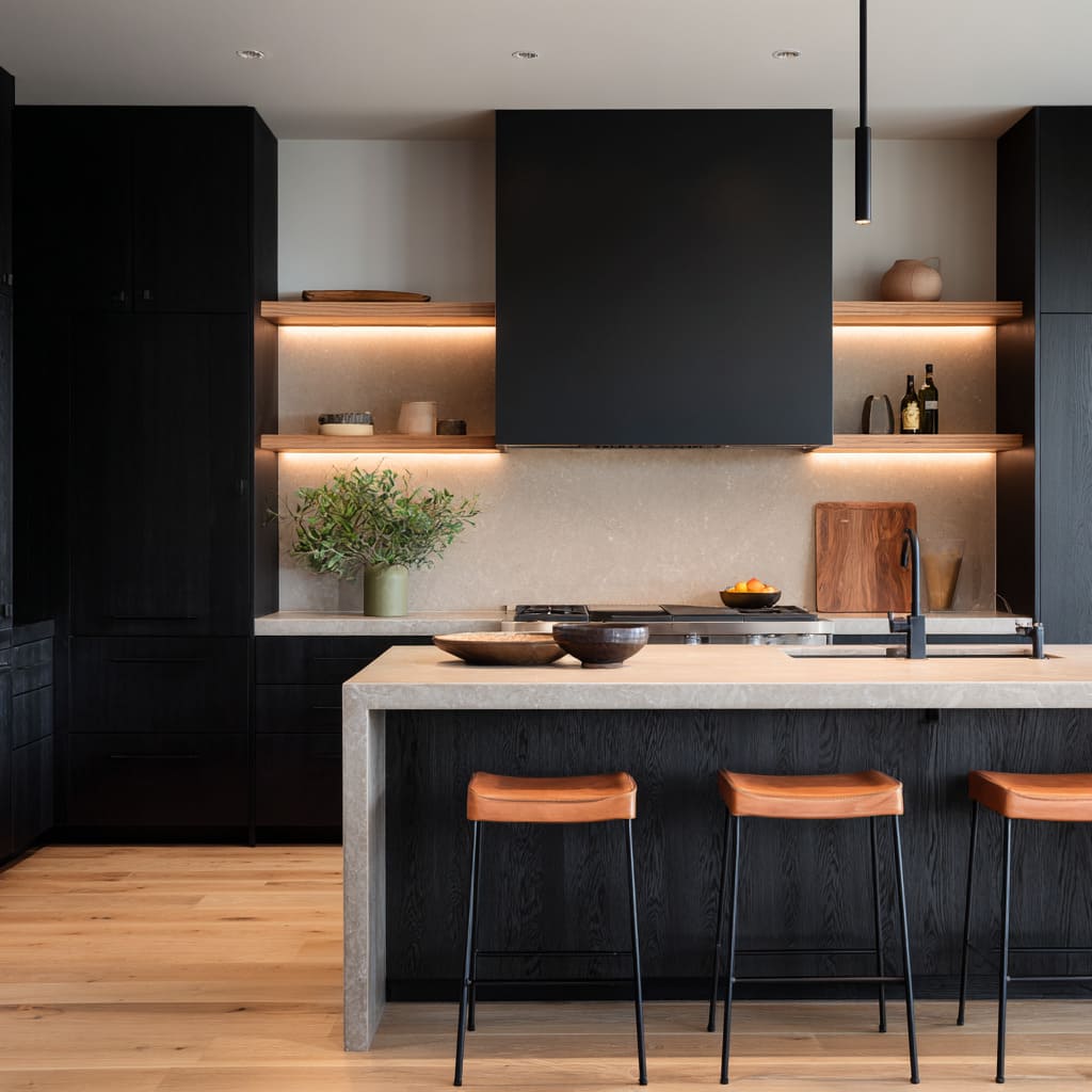 This kitchen design communicates men's style through mass and discipline big matte cabinet volumes, a restrained color range This kitchen design communicates men's style through mass and discipline big matte cabinet volumes, a restrained color range