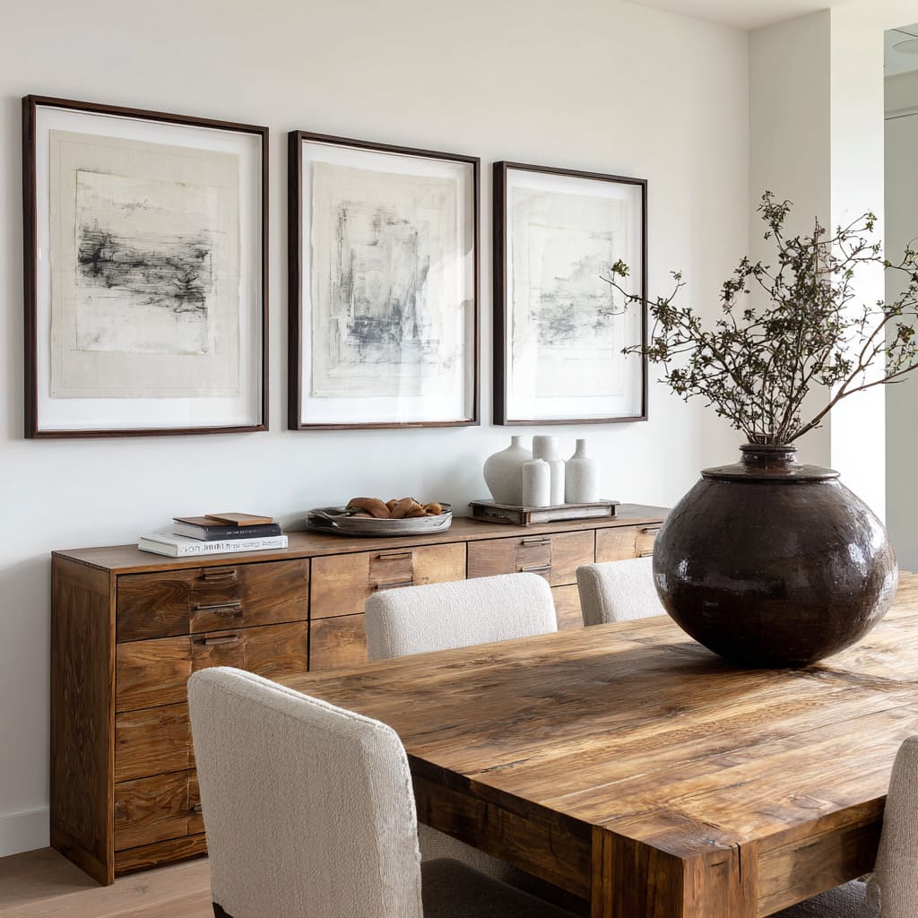 Three large framed monochrome artworks hung in a straight row above a long wood sideboard, with restrained ceramics Three large framed monochrome artworks hung in a straight row above a long wood sideboard, with restrained ceramics