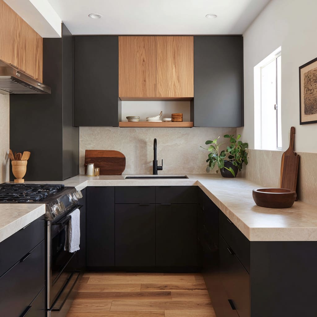 U-shape matte-black kitchen layout with warm wood center block and disciplined countertop styling U-shape matte-black kitchen layout with warm wood center block and disciplined countertop styling