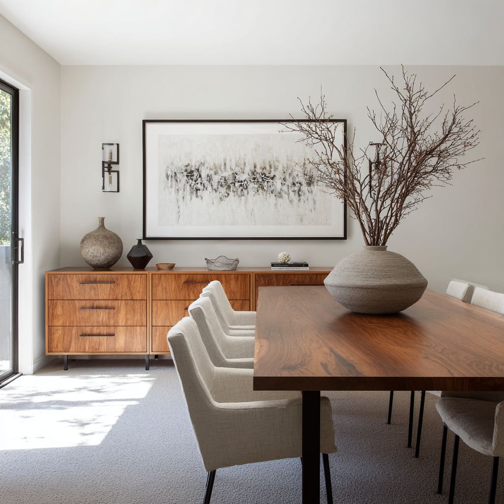 Wide horizontal framed artwork centered above a long low credenza, styled with sculptural vases and bowls Wide horizontal framed artwork centered above a long low credenza, styled with sculptural vases and bowls