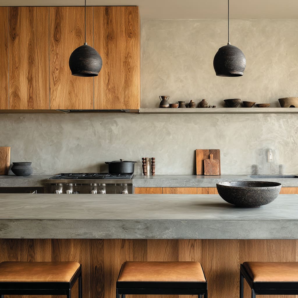 Wood and concrete quiet power kitchen deisgn with warm grain block, long shelf, matte black pendants, thick concrete island Wood and concrete quiet power kitchen deisgn with warm grain block, long shelf, matte black pendants, thick concrete island