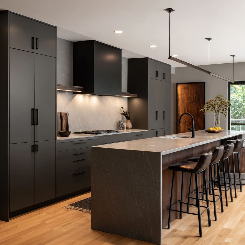 charcoal kitchen design with a dramatic stone waterfall end and a long hosting island charcoal kitchen design with a dramatic stone waterfall end and a long hosting island