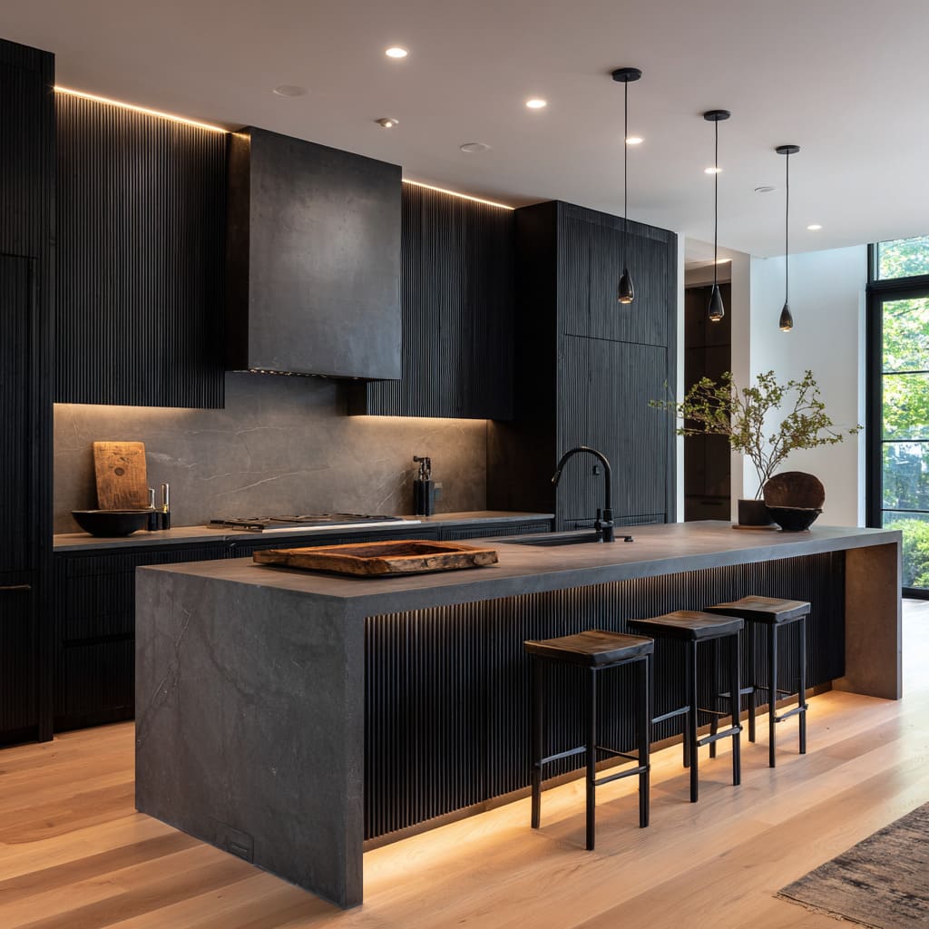 fluted wall panels and stone monolith island with under-glow high-drama men's style that still feels polished and calm fluted wall panels and stone monolith island with under-glow high-drama men's style that still feels polished and calm