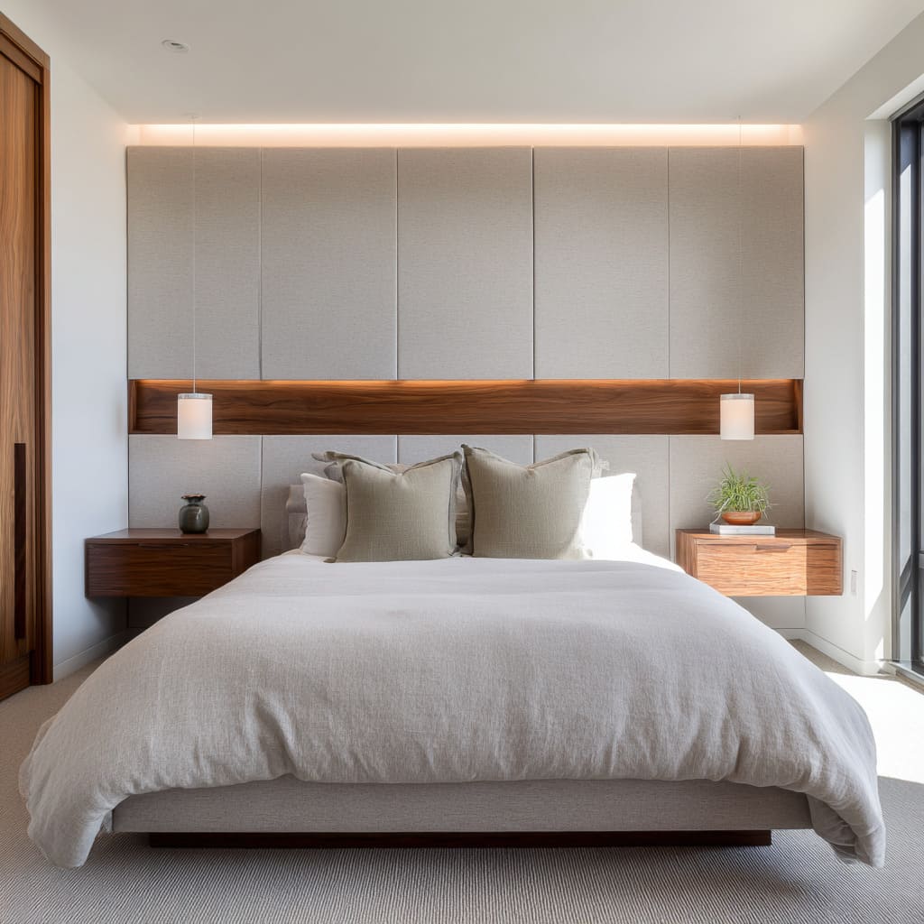 upholstered panels with a mid-height wood belt and pendants as vertical counterpoints + top halo line