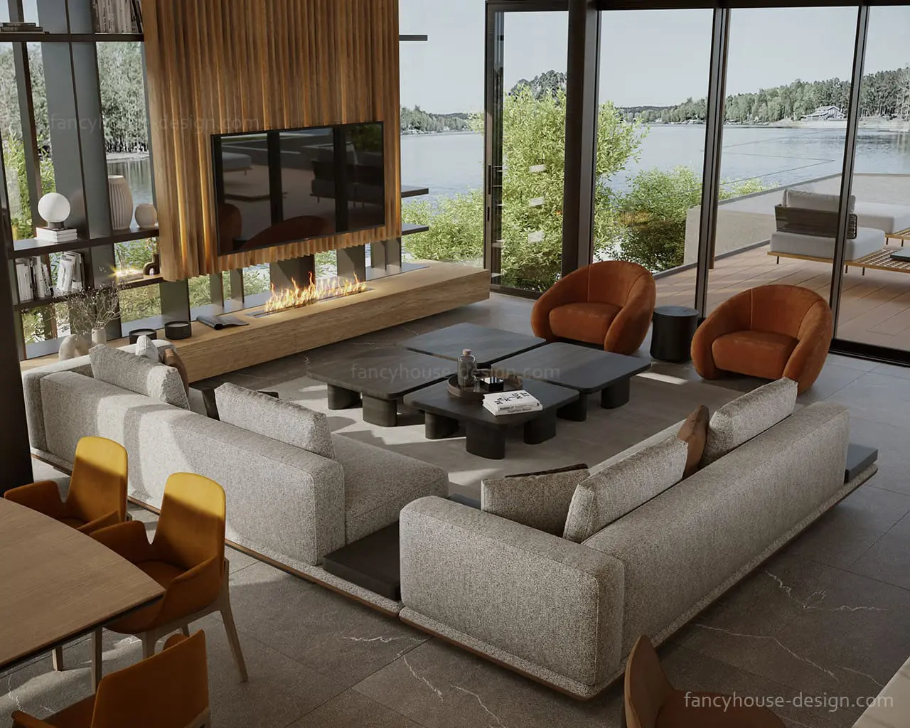 Spacious home living room featuring a custom built-in TV wall unit and a low-profile sectional arranged for lounging.