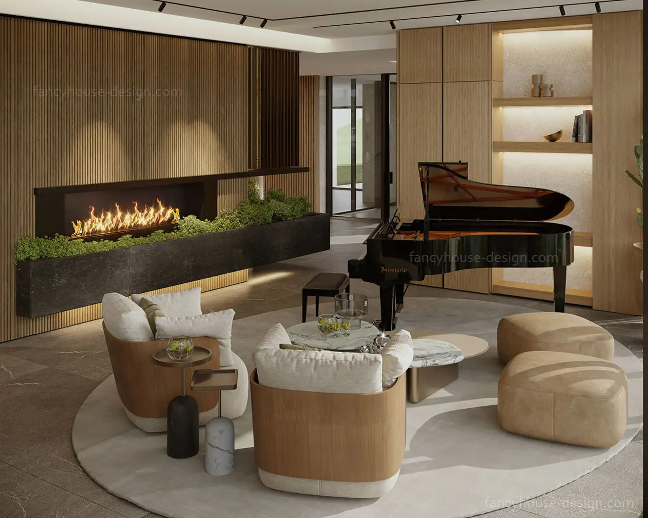 Contemporary luxury interior featuring a grand piano beside a sofa-and-chairs seating area in a bright, open room.