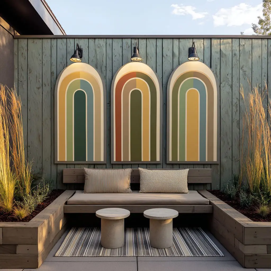 Arched panel inserts that turn a plain fence into a backdrop wall for a lounge nook. Arched panel inserts that turn a plain fence into a backdrop wall for a lounge nook.