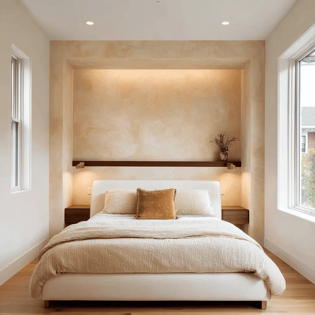 Architectural niche as the headboard depth, shelf line, and glow