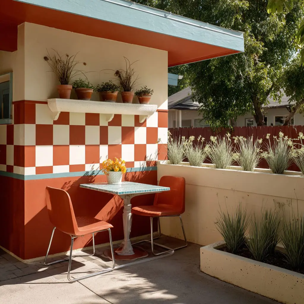 Checkerboard fence wall treatment that becomes a tiny cafe corner. Checkerboard fence wall treatment that becomes a tiny cafe corner.