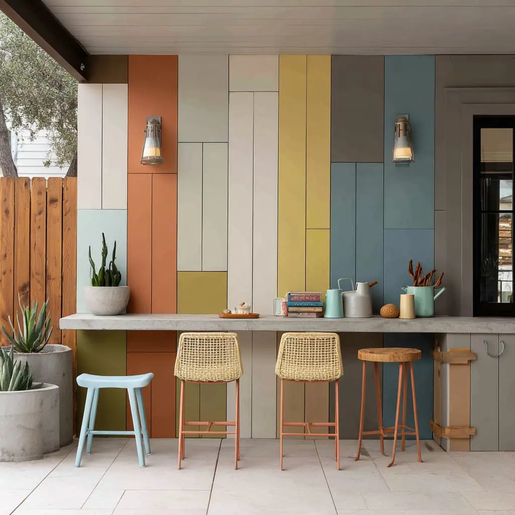 Color-block panel fence that turns into an outdoor bar wall with mismatched stools that still look coordinated. Color-block panel fence that turns into an outdoor bar wall with mismatched stools that still look coordinated.