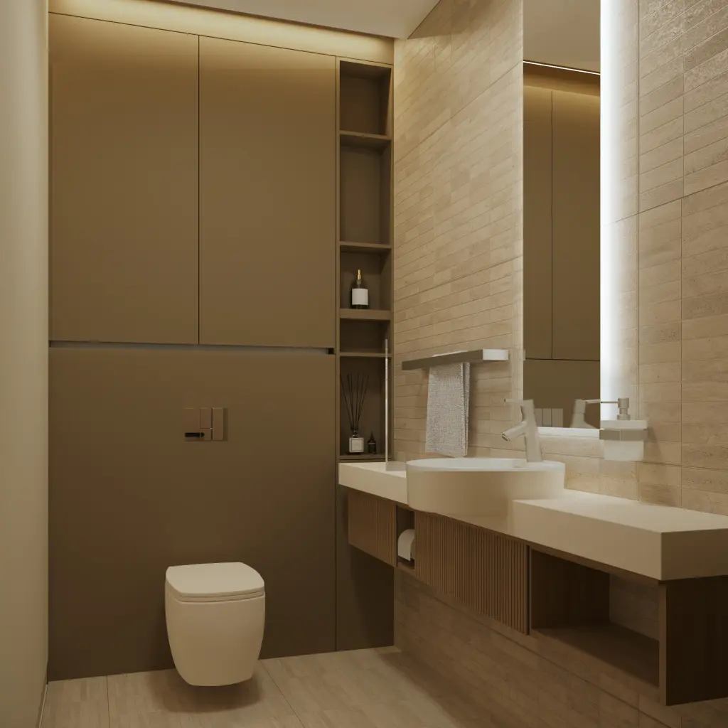 Compact contemporary bathroom with wall-mounted toilet, tall beige cabinetry, and floating vanity with round vessel sink