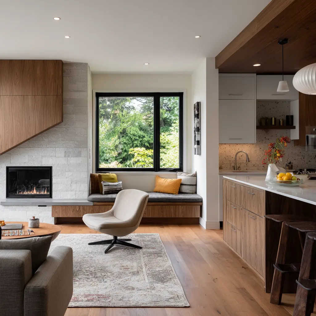 Compact open-plan keeping room with a low stone fireplace, an angled wood-clad chimney feature, a black-framed window over a built-in bench with pillows. Compact open-plan keeping room with a low stone fireplace, an angled wood-clad chimney feature, a black-framed window over a built-in bench with pillows.