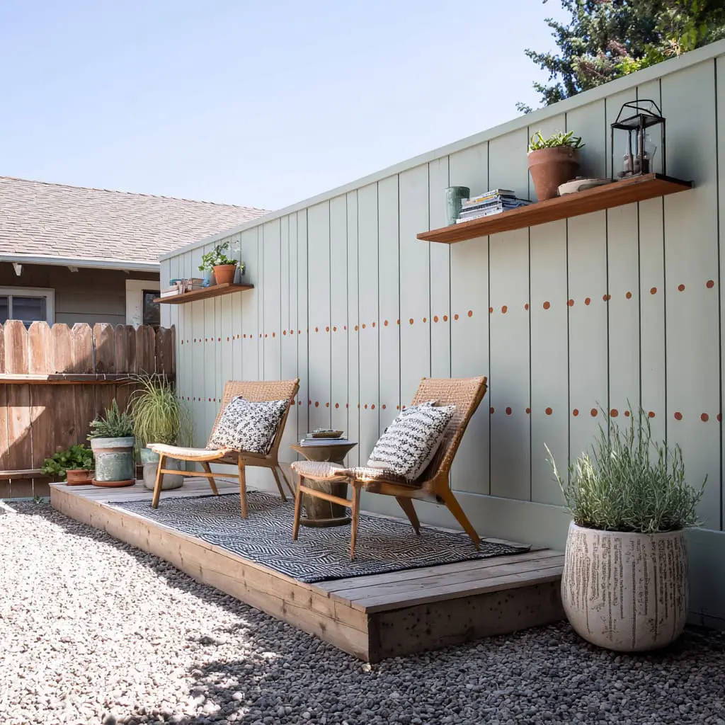 Confetti-dot fence with floating shelves that make a long fence feel curated and playful. Confetti-dot fence with floating shelves that make a long fence feel curated and playful.