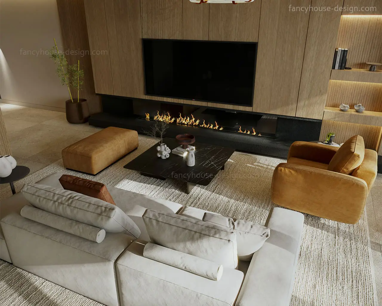 Contemporary TV feature wall with a wall-mounted screen and a linear fireplace installed directly underneath