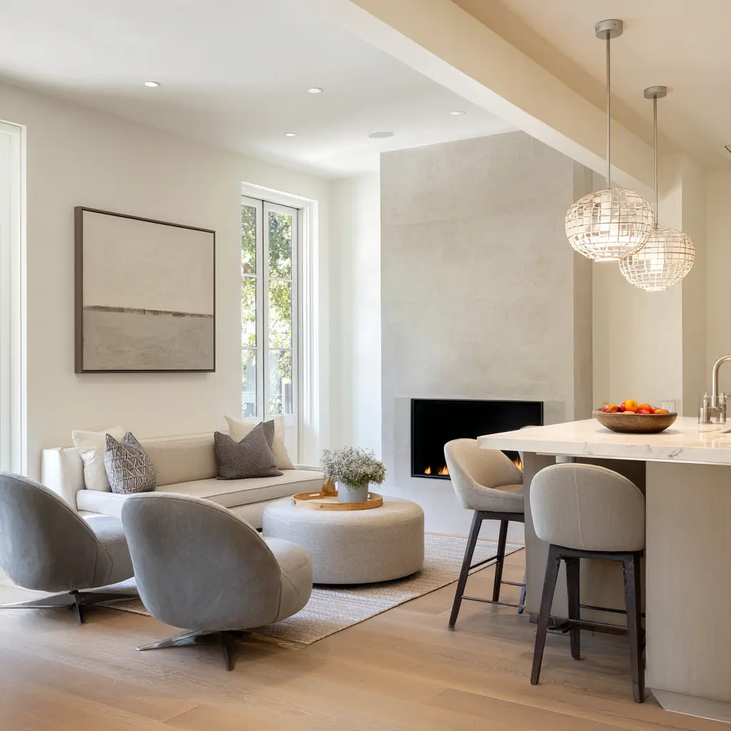 Contemporary keeping room within an open kitchen plan a broad pale fireplace mass acting as a divider with a low dark horizontal fire opening. Contemporary keeping room within an open kitchen plan a broad pale fireplace mass acting as a divider with a low dark horizontal fire opening.