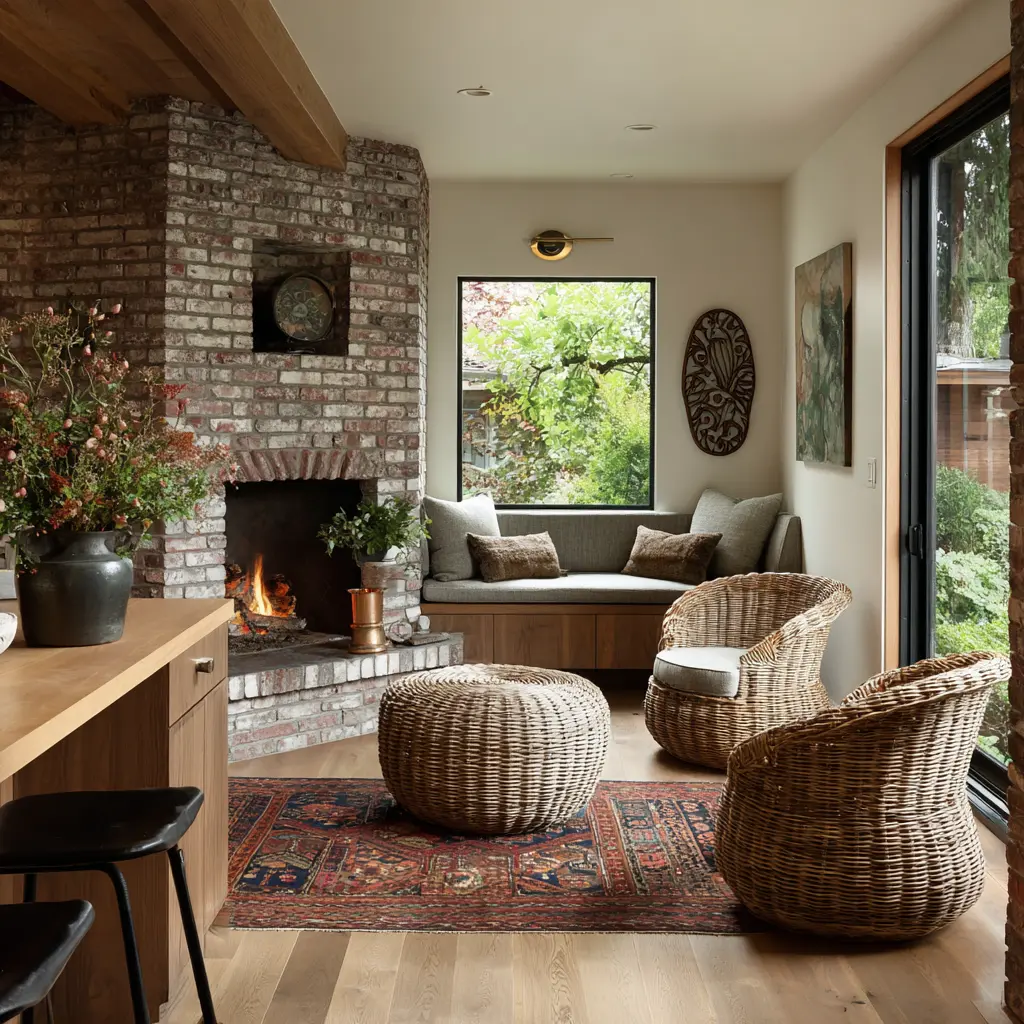 Cozy keeping room with a weathered brick fireplace featuring a recessed niche, a built-in window bench with upholstered back and pillows, airy wicker lounge chairs. Cozy keeping room with a weathered brick fireplace featuring a recessed niche, a built-in window bench with upholstered back and pillows, airy wicker lounge chairs.