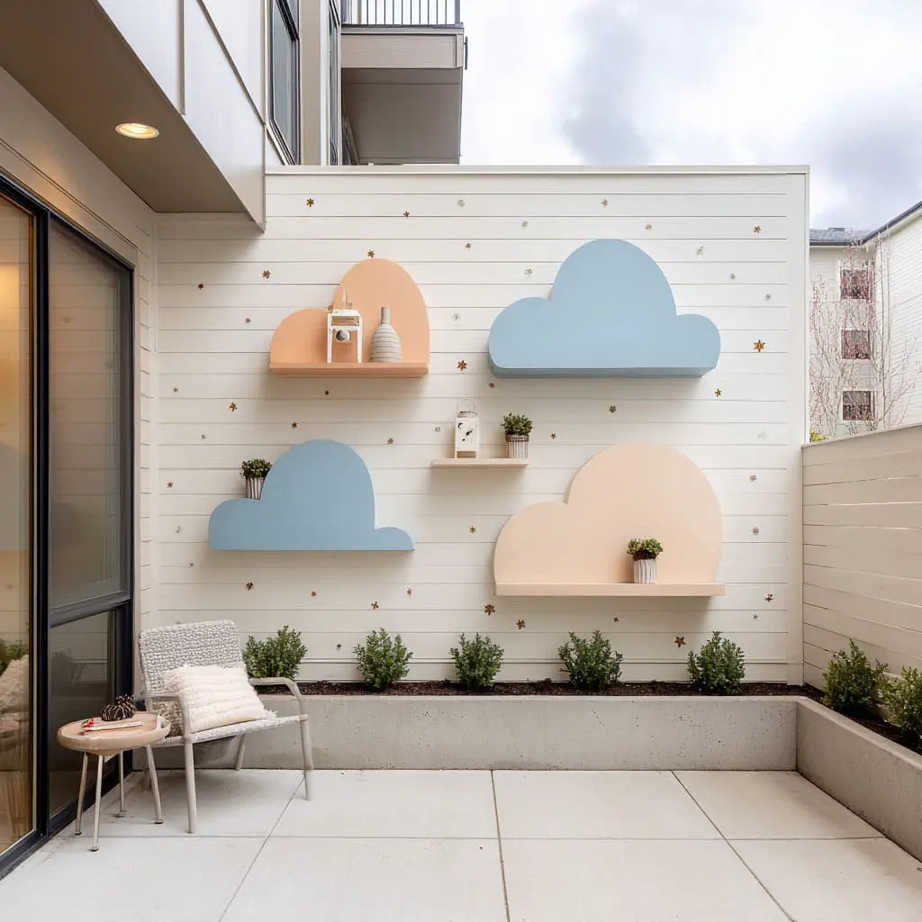 Cute cloud shelves with tiny star confetti that makes an urban patio feel softer, brighter, and styled on purpose. Cute cloud shelves with tiny star confetti that makes an urban patio feel softer, brighter, and styled on purpose.