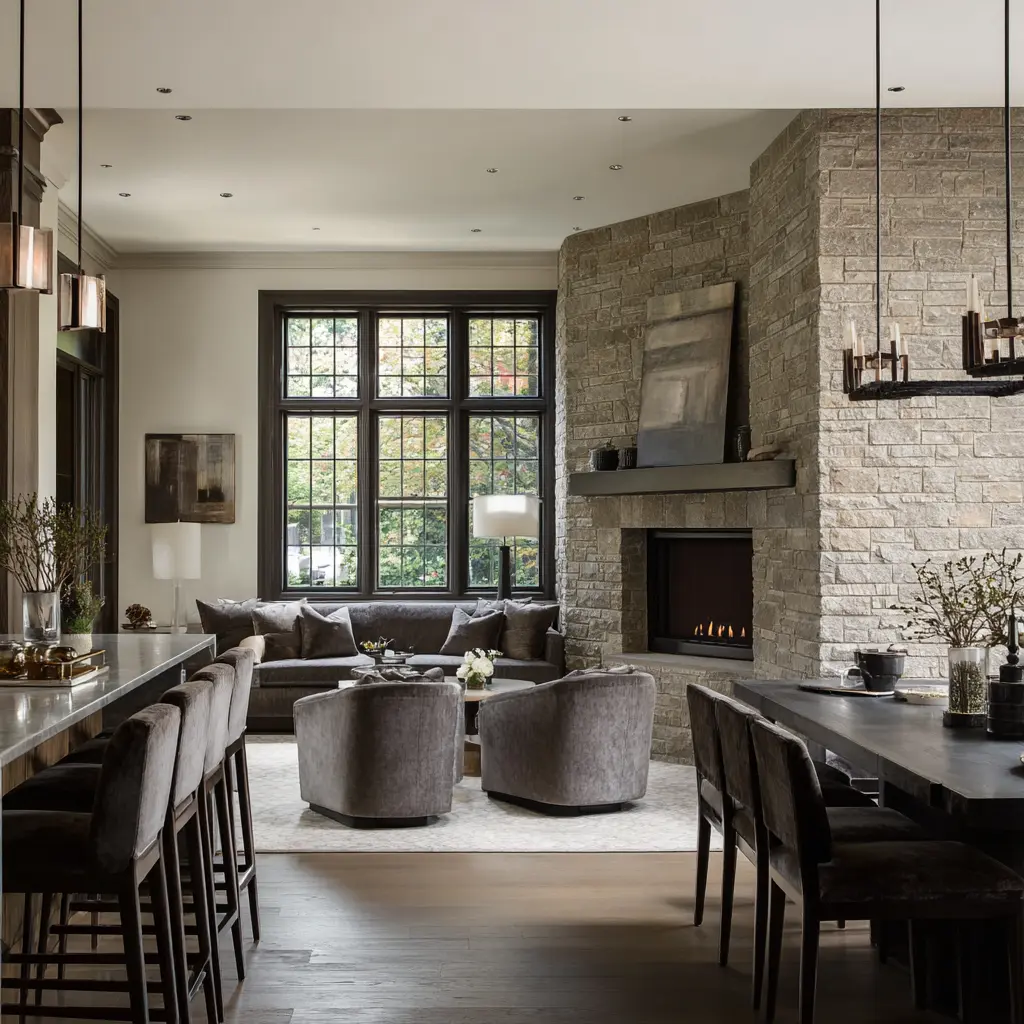Dark, expansive gathering space anchored by a broad curved stone fireplace wall with an off-center firebox and long mantel. Dark, expansive gathering space anchored by a broad curved stone fireplace wall with an off-center firebox and long mantel.