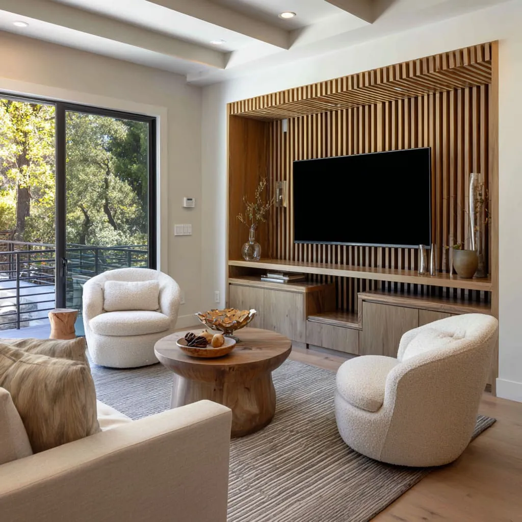 Deep slatted recess that wraps the ceiling of the niche the TV becomes the calm void inside a sculpted wood chamber