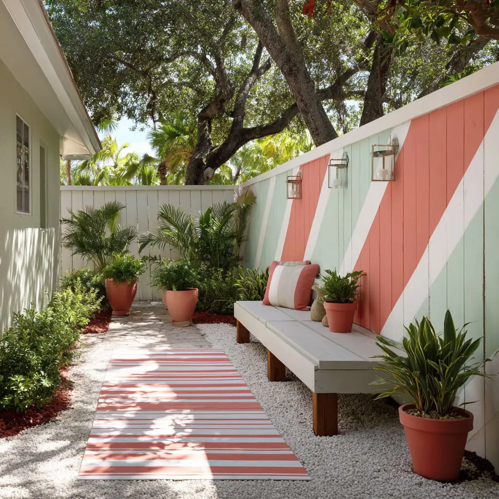 Diagonal stripe garden room fence that feels playful, then gets grounded by plants, lanterns, and a simple bench. Diagonal stripe garden room fence that feels playful, then gets grounded by plants, lanterns, and a simple bench.