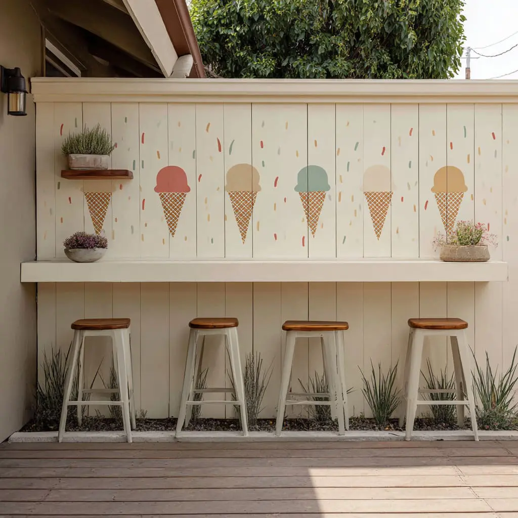 Ice-cream cone sprinkle wall and long ledge that becomes a playful outdoor counter without feeling childish. Ice-cream cone sprinkle wall and long ledge that becomes a playful outdoor counter without feeling childish.
