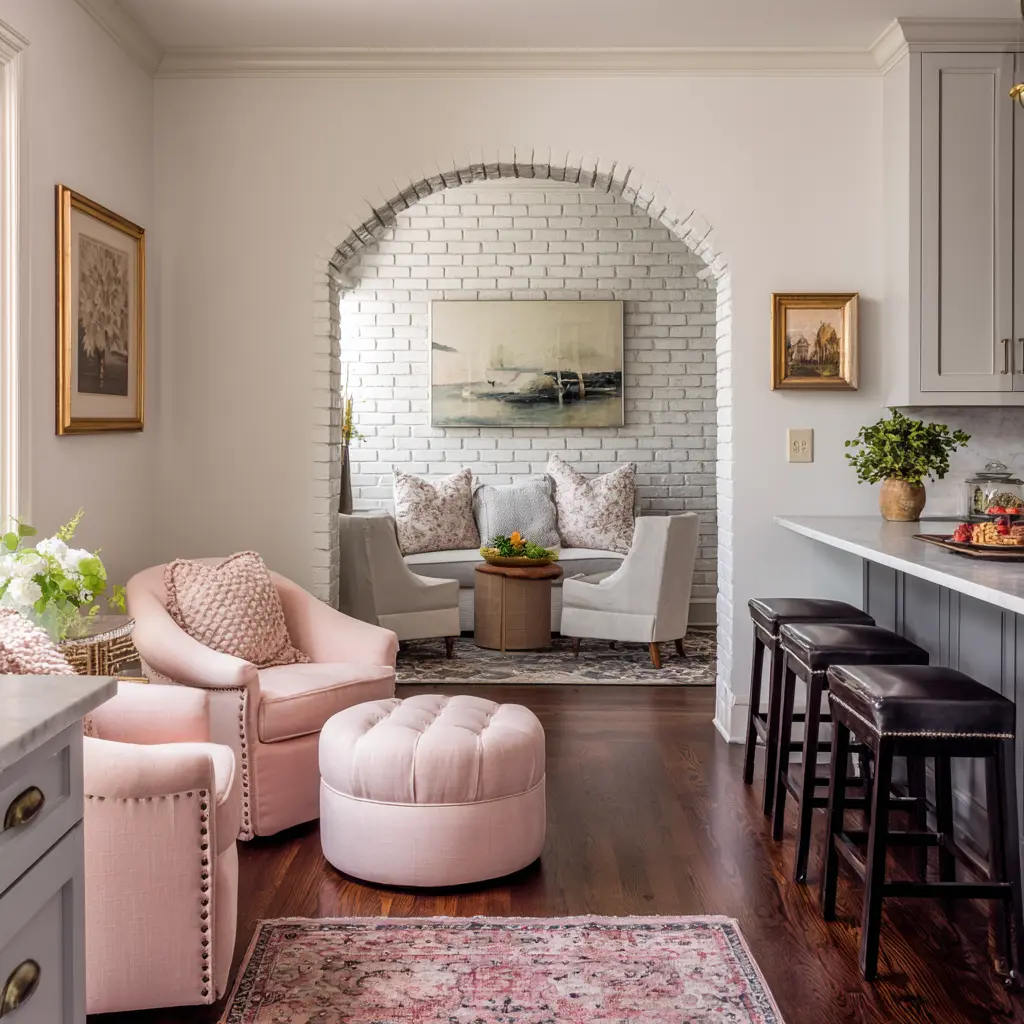 Layered keeping room with blush upholstered chairs and a tufted ottoman in the foreground, and an arched brick-lined alcove. Layered keeping room with blush upholstered chairs and a tufted ottoman in the foreground, and an arched brick-lined alcove.