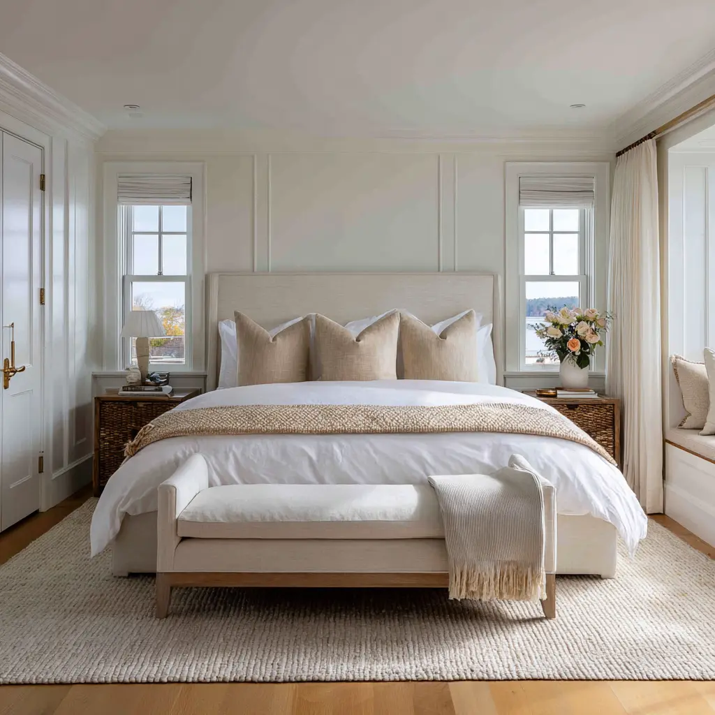 Light New England-inspired bedroom with symmetrical windows, bench at foot, and woven bedside texture