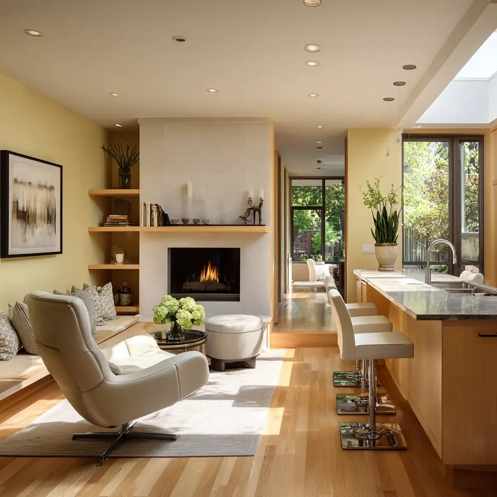 Long, bright keeping room in a narrow footprint featuring a centered pale fireplace with a long floating wood mantel. Long, bright keeping room in a narrow footprint featuring a centered pale fireplace with a long floating wood mantel.