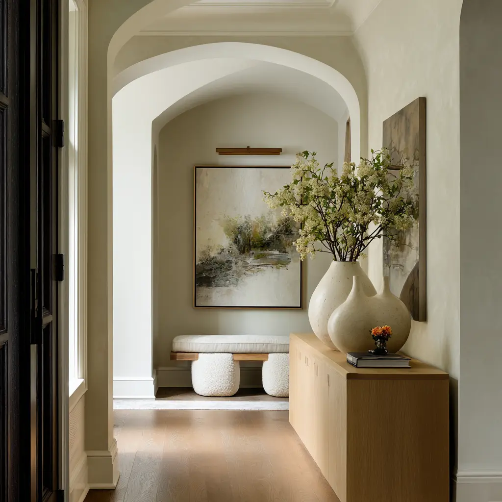Long hallway entry with warm wood console, ceramic vases and branches, layered arches, artwork