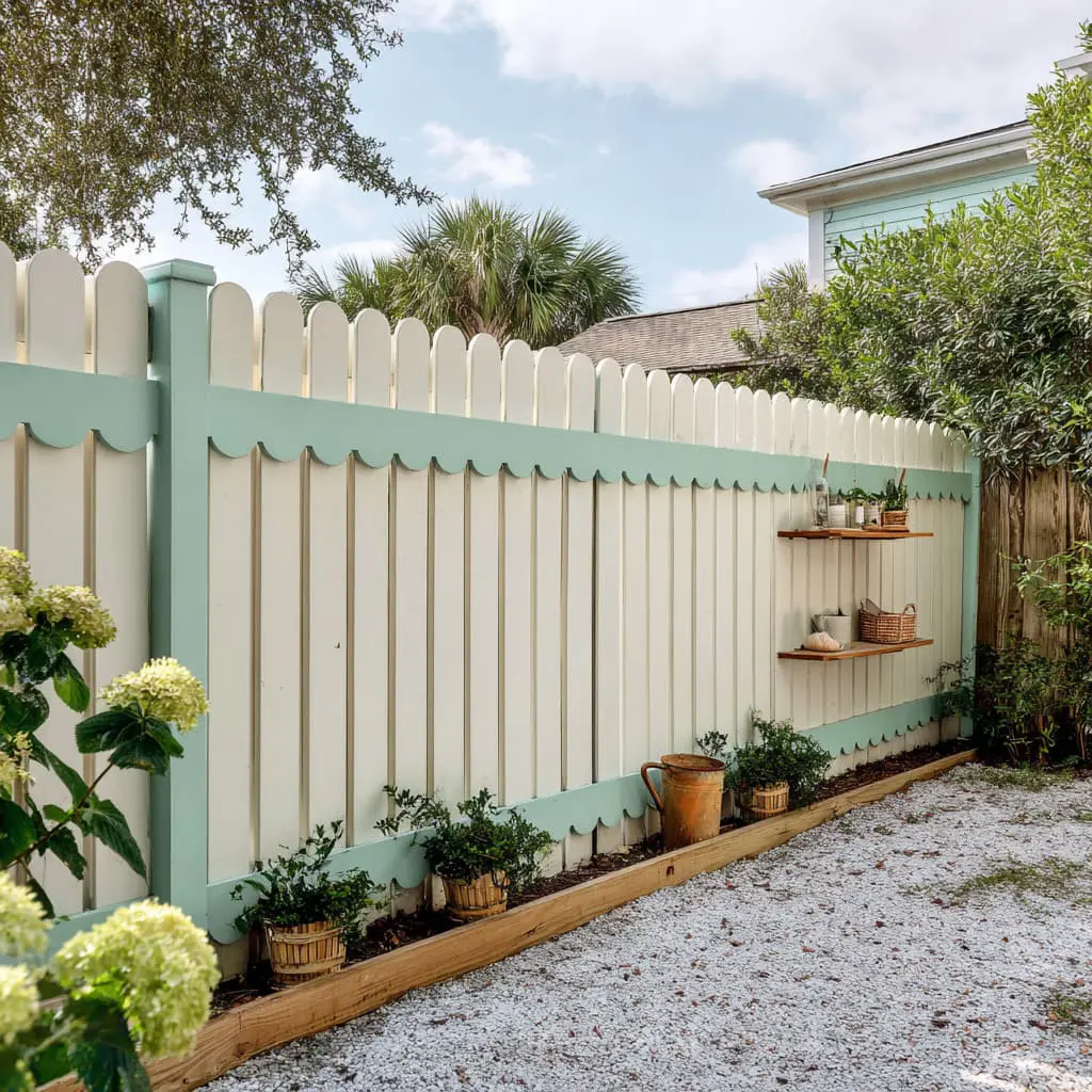 Lovely band fence trim and tiny display shelves that make a long fence feel friendly and intentionally styled. Lovely band fence trim and tiny display shelves that make a long fence feel friendly and intentionally styled.
