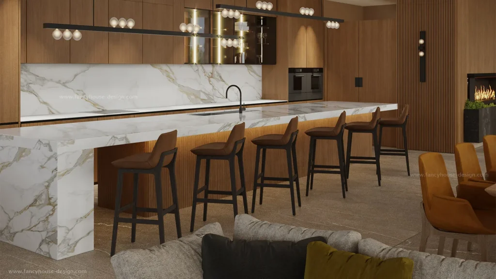 Luxury living room open to kitchen with a marble island and modern wood cabinets