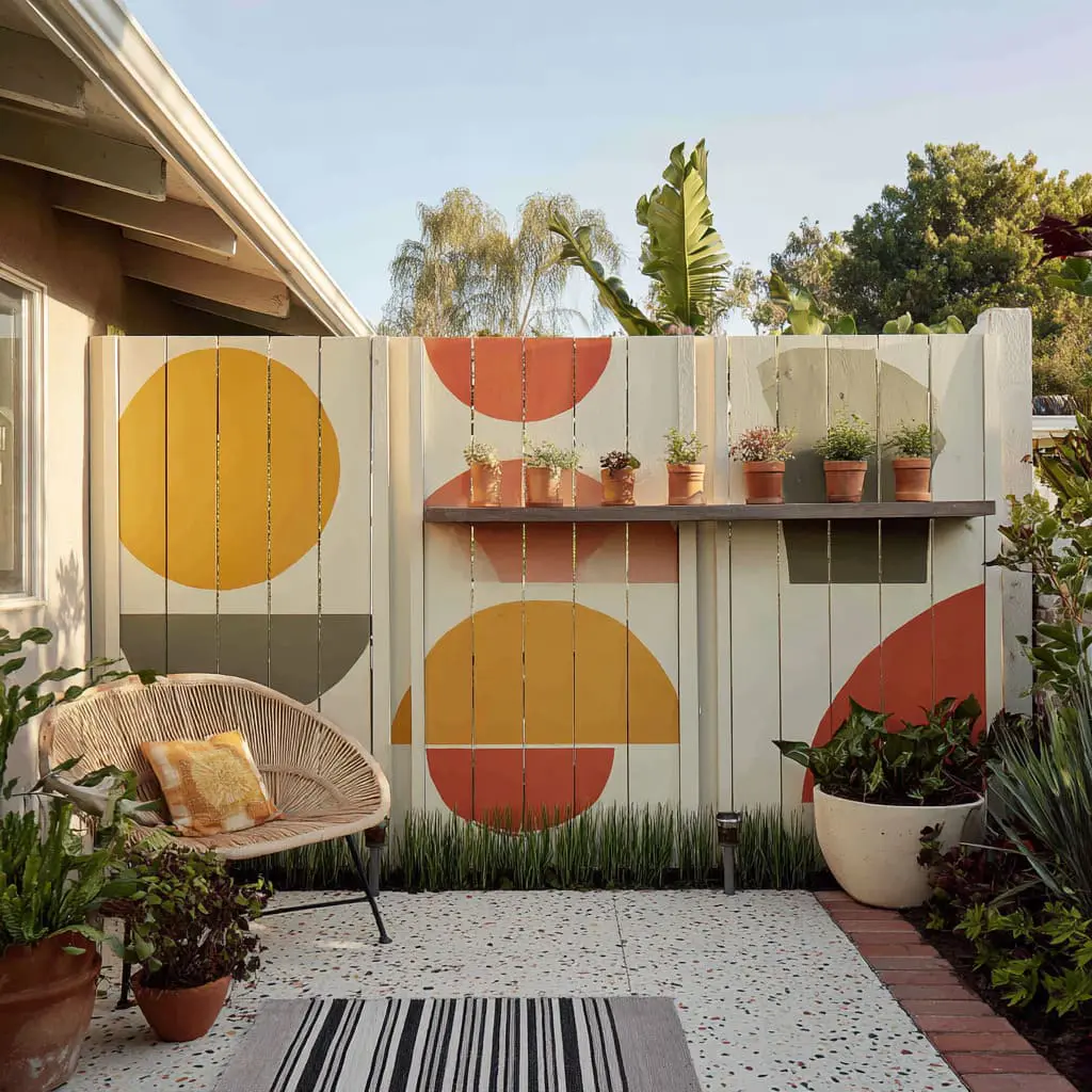 Memphis-style geometric fence mural one long plant shelf that makes the fence feel like a friendly outdoor poster wall. Memphis-style geometric fence mural one long plant shelf that makes the fence feel like a friendly outdoor poster wall.