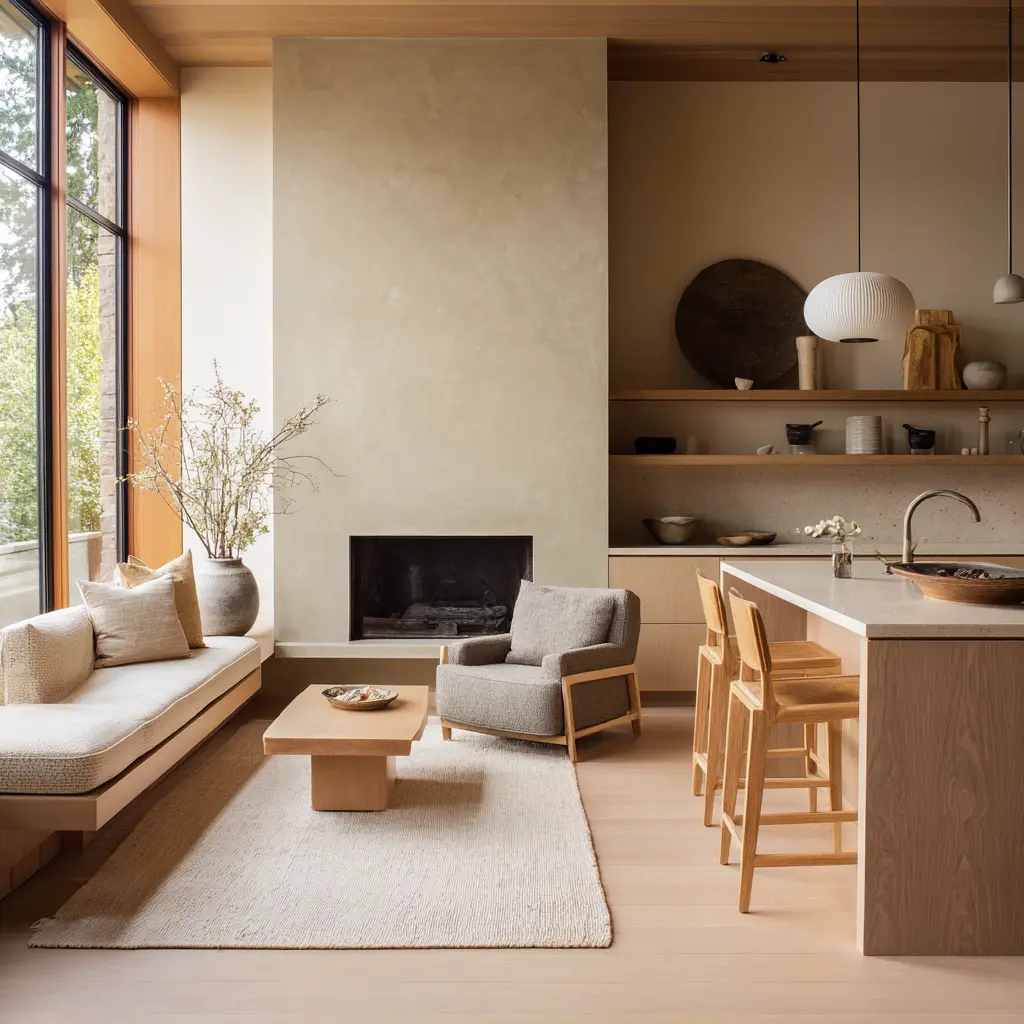 Minimal keeping room beside a warm-wood kitchen a long upholstered bench under a window wall, a large matte plaster fireplace with a small dark opening. Minimal keeping room beside a warm-wood kitchen a long upholstered bench under a window wall, a large matte plaster fireplace with a small dark opening.