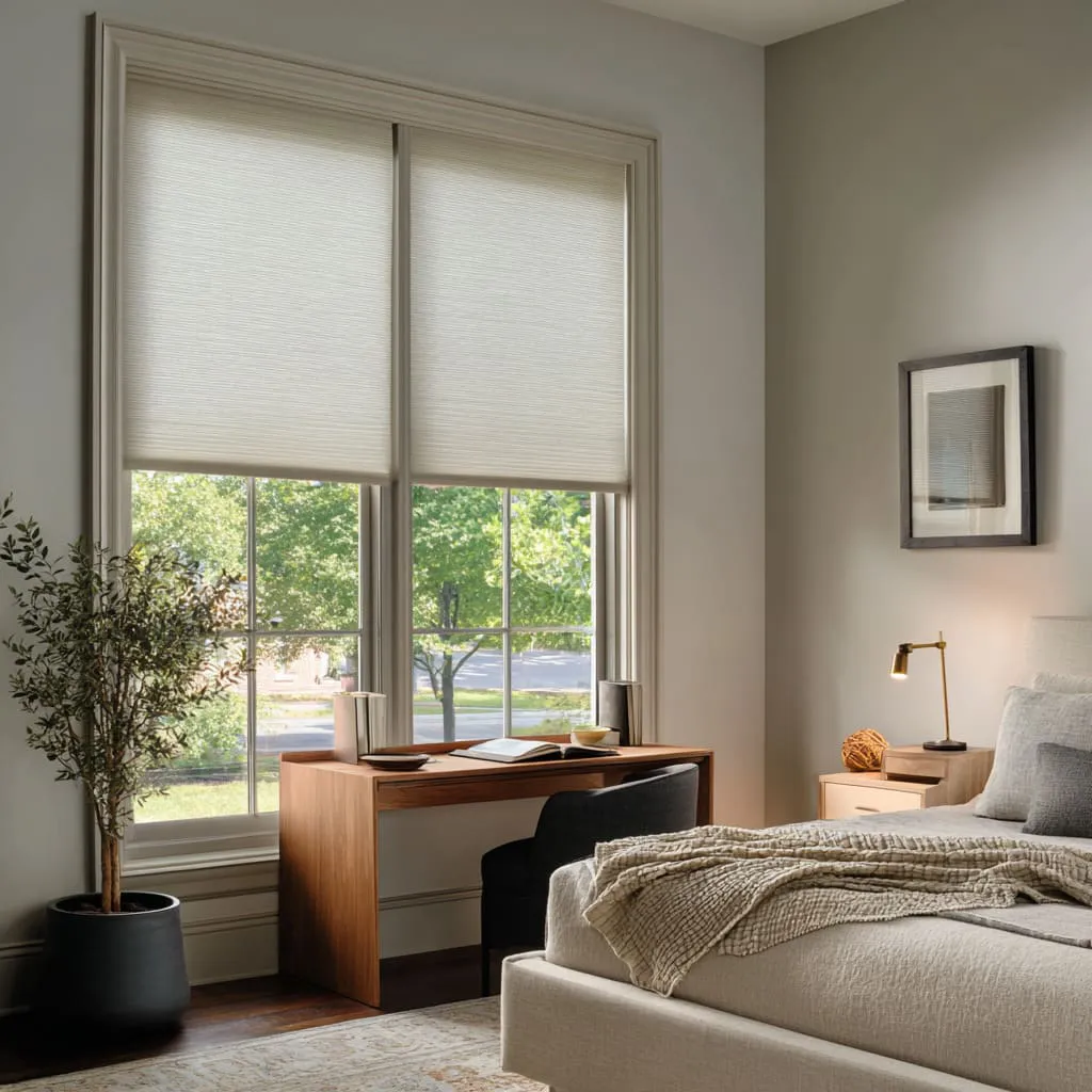 Minimal woven solar-style roller shades as a clean light filter for a bedroom work corner