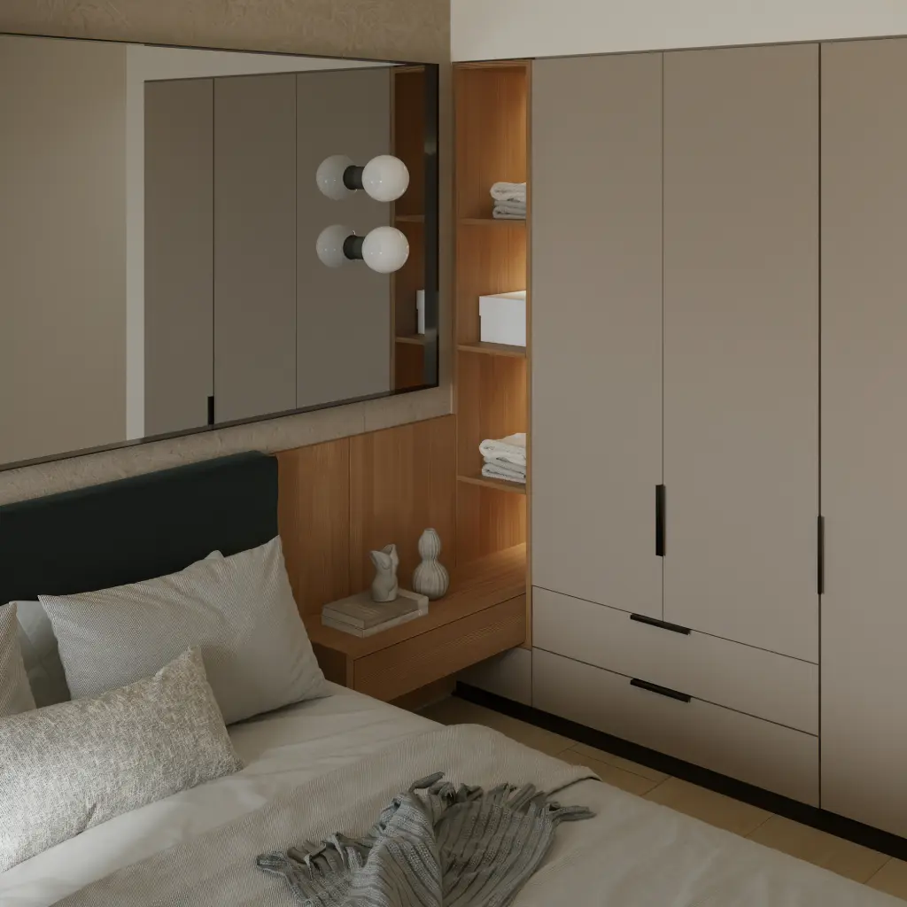 Modern bedroom with floor-to-ceiling beige wardrobes and a built-in wood niche with warm lighting