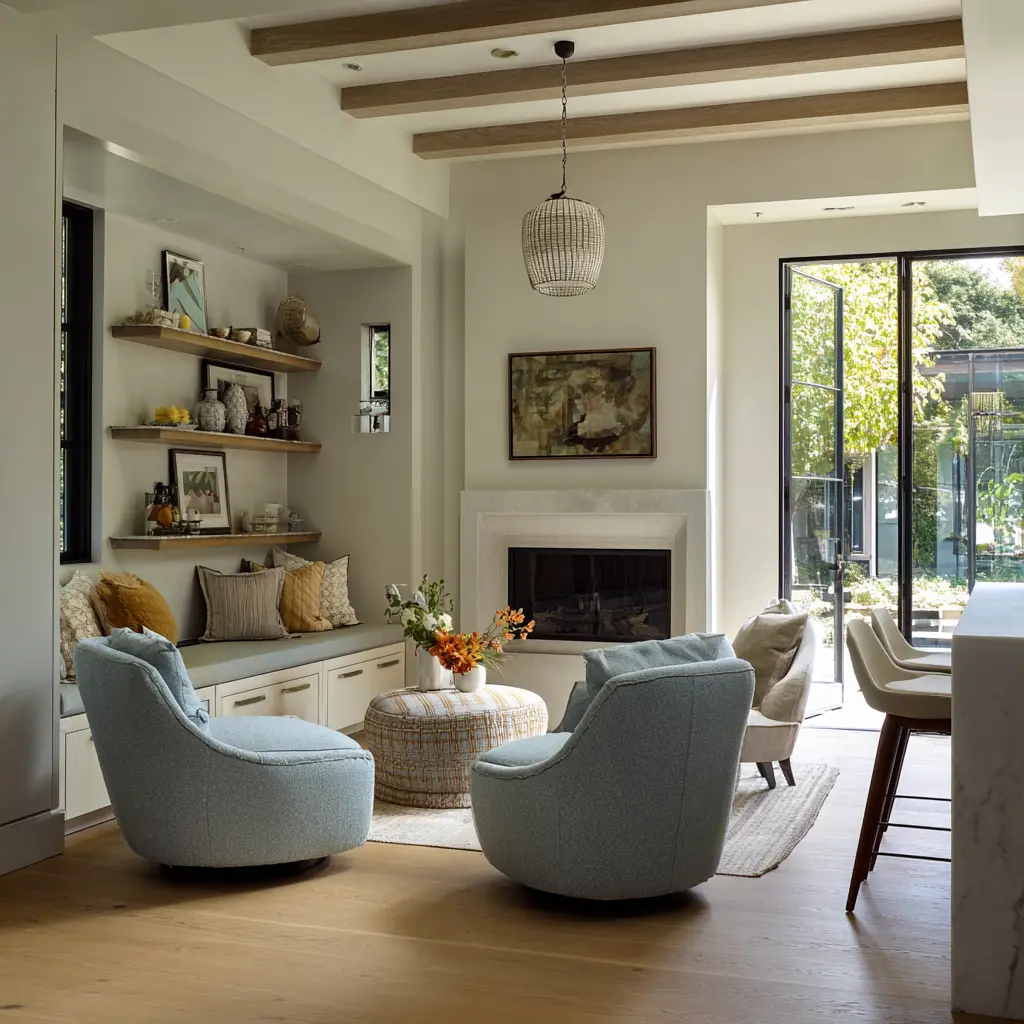 Narrow keeping room with a pale centered fireplace and artwork, a long built-in bench under floating display shelves filled with objects, two rounded pale blue lounge chairs. Narrow keeping room with a pale centered fireplace and artwork, a long built-in bench under floating display shelves filled with objects, two rounded pale blue lounge chairs.