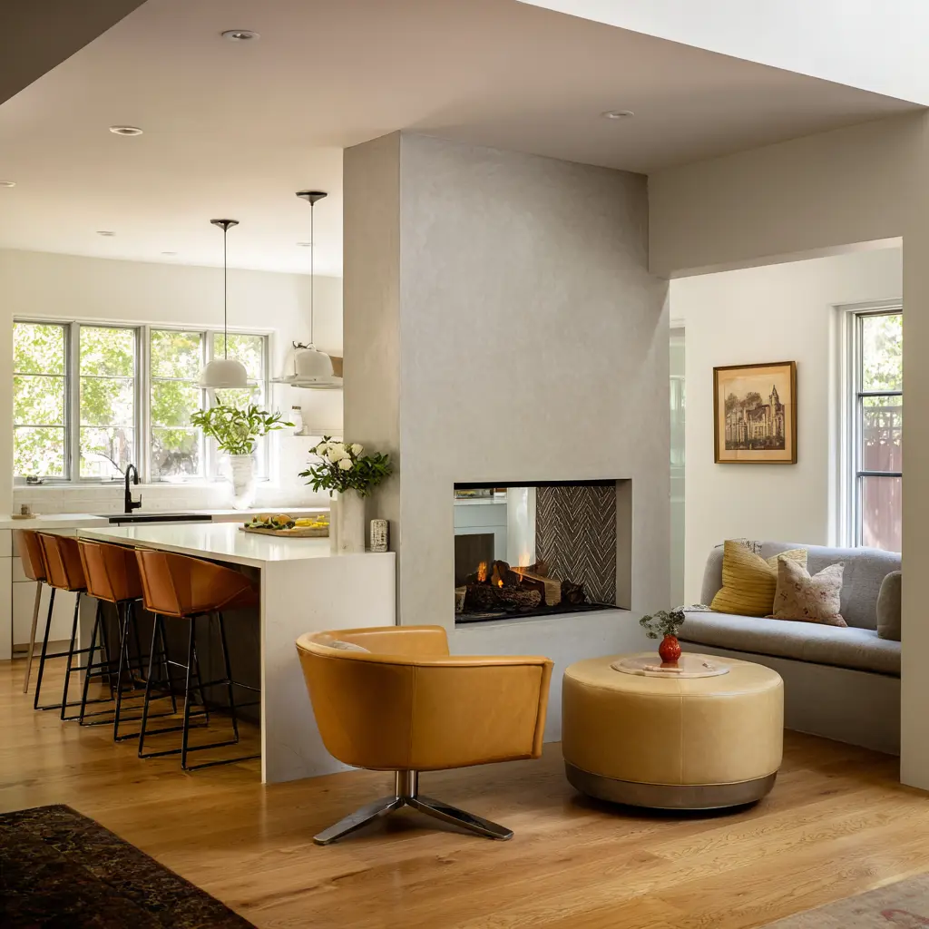 Open kitchen and keeping room divided by a sculptural pale plaster fireplace with a low horizontal firebox, a bright island lined with warm tan stools