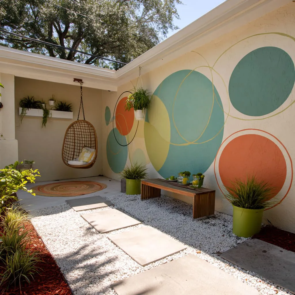 Overlapping swim ring circles mural that makes a small courtyard feel joyful, airy, and calm at the same time. Overlapping swim ring circles mural that makes a small courtyard feel joyful, airy, and calm at the same time.