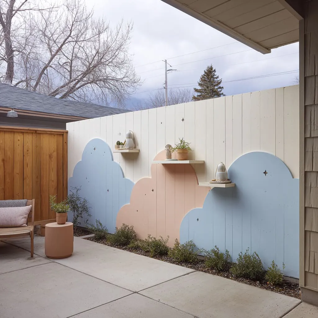 Pastel cloud shapes and tiny twinkle dots with stepped shelves that make a plain fence feel gentle and story-like