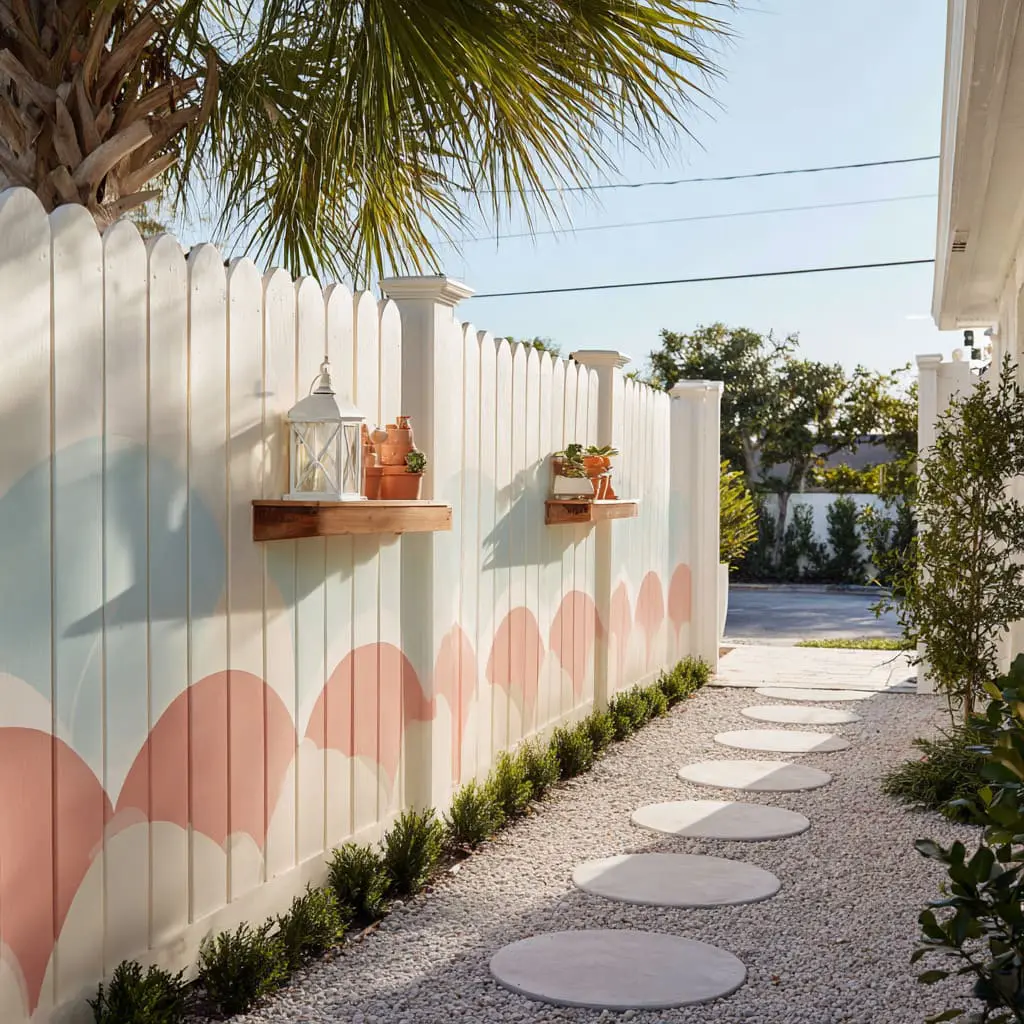 Pastel scallop mural on picket fence and round stepping stones