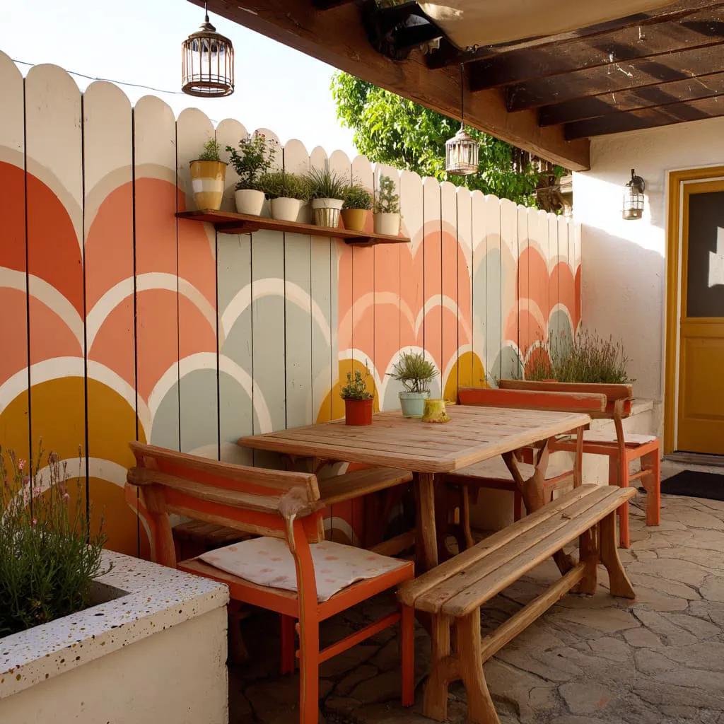 Playful scallop mural fence behind a dining nook that feels like an outdoor room, not a patio shoved against a wall. Playful scallop mural fence behind a dining nook that feels like an outdoor room, not a patio shoved against a wall.