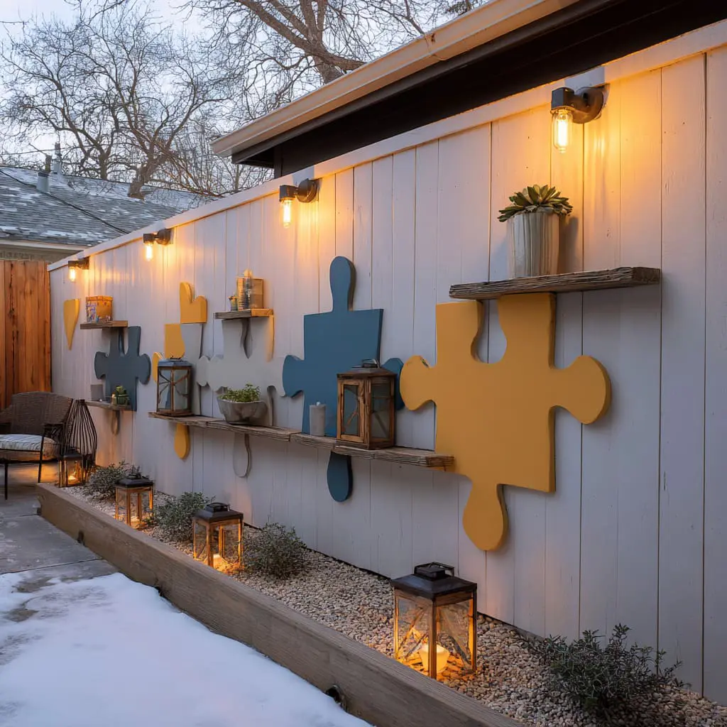 Puzzle-piece wall and layered shelves that turn a plain fence into a playful display lane and still feels tidy. Puzzle-piece wall and layered shelves that turn a plain fence into a playful display lane and still feels tidy.