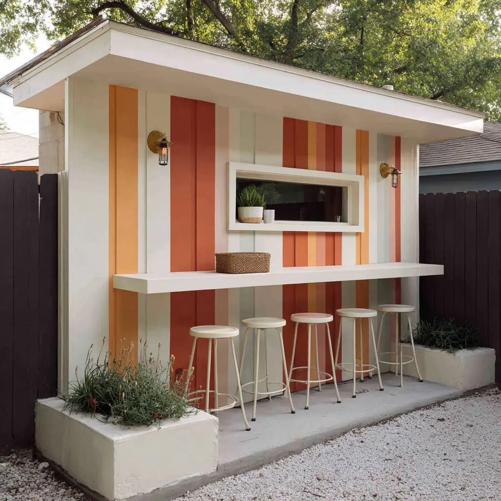 Retro service-window stripe wall that turns a fence into an outdoor little counter moment without needing lots of decor. Retro service-window stripe wall that turns a fence into an outdoor little counter moment without needing lots of decor.