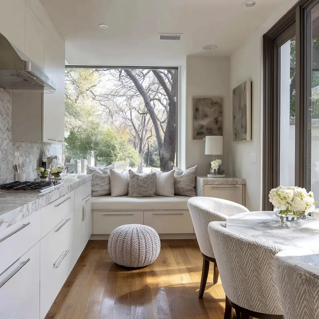 Small pale nook at the end of a galley-like kitchen a built-in window seat under a large picture window filled with trees, layered neutral pillows. Small pale nook at the end of a galley-like kitchen a built-in window seat under a large picture window filled with trees, layered neutral pillows.