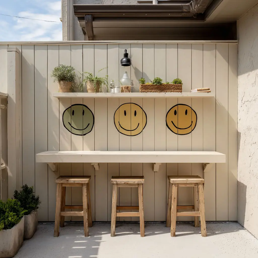 Smiley micro-mural bar wall that turns a plain fence into a friendly hangout spot. Smiley micro-mural bar wall that turns a plain fence into a friendly hangout spot.
