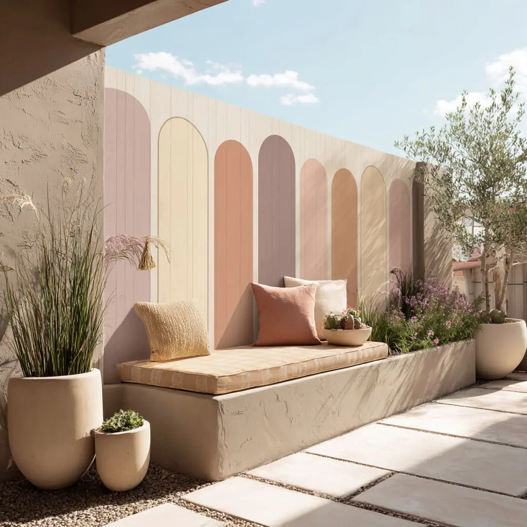 Soft candy-arch mural and built-in bench that turns a plain fence line into a calm pause spot, not a backdrop. Soft candy-arch mural and built-in bench that turns a plain fence line into a calm pause spot, not a backdrop.