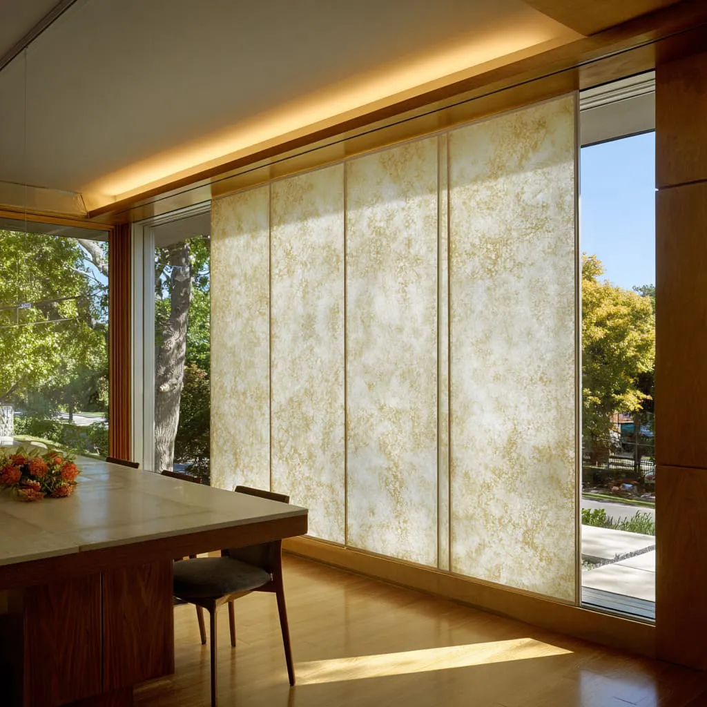 Such curtain alternative behaves like an architectural insert rather than a textile