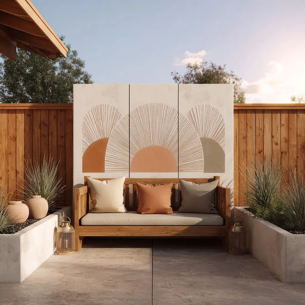 Three-panel sunburst inserts that give a simple fence artwork scale, then calm it down with symmetry and grounded neutrals. Three-panel sunburst inserts that give a simple fence artwork scale, then calm it down with symmetry and grounded neutrals.