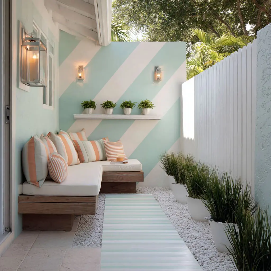 candy-stripe fence wall that turns a narrow side yard into a soft, beachy lounge nook. candy-stripe fence wall that turns a narrow side yard into a soft, beachy lounge nook.